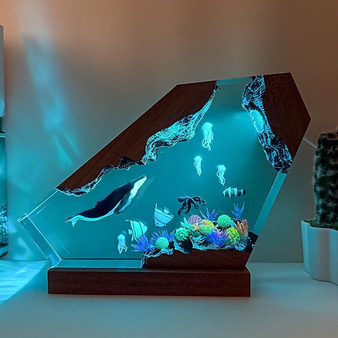 Handmade Blue Whale Resin Lamp with Wood Base