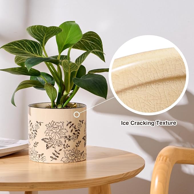 STHIE Indoor Ceramic Plant Pots with Drainage Holes, 5 Inch, Peony Design