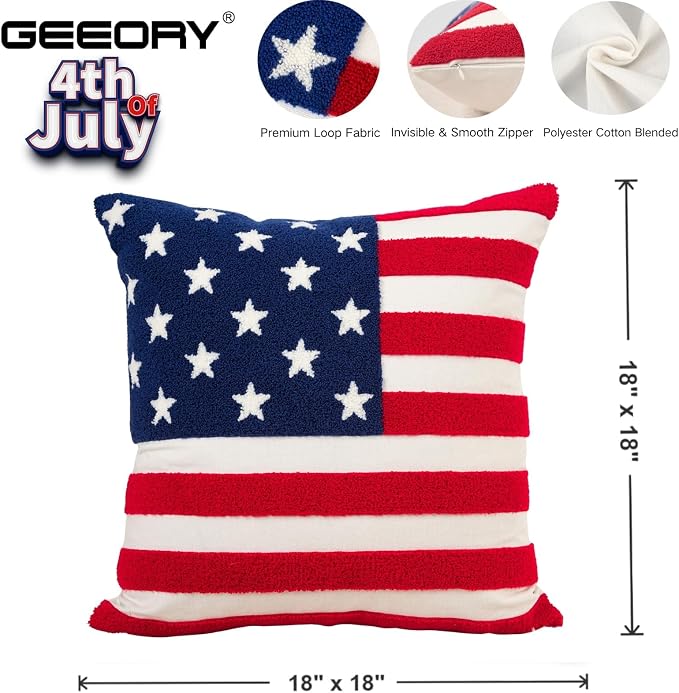 GEEORY Patriotic American Flag Pillow Covers Set of 2 18x18, Chenille