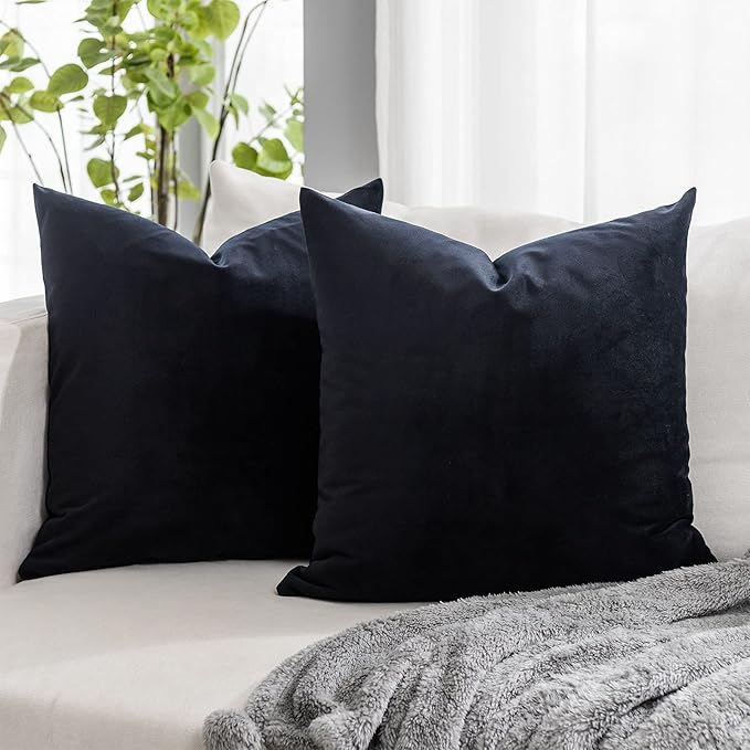 Black Soft Velvet Throw Pillow Covers 18x18 inch Set of 2 for Sofa Couch Bed Living Room Decorative Luxury Solid Square Cushion Covers Case with Zipper