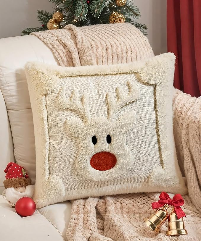Christmas Pillow Covers Set of 2 Soft Plush Faux Fur Pillow Cases 3D Embroidered Decorative Couch Cover Home Decor Christmas Throw Pillow Covers 18x18,Beige Reindeer
