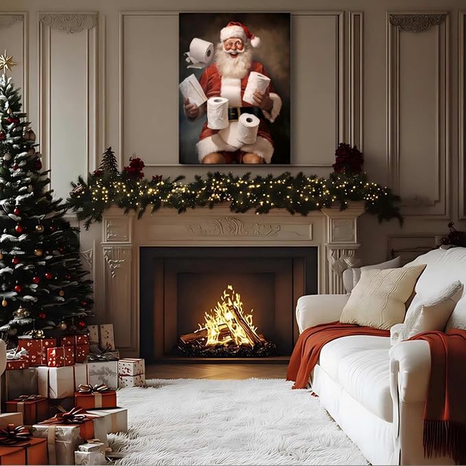 FLZYKGPA Funny Christmas Santa Bathroom Wall Art Prints 12x18in, Winter Christmas Santa Claus Posters Pictures Wall Decor for Shower Room Bathroom Washroom, Framed Ready to Hang