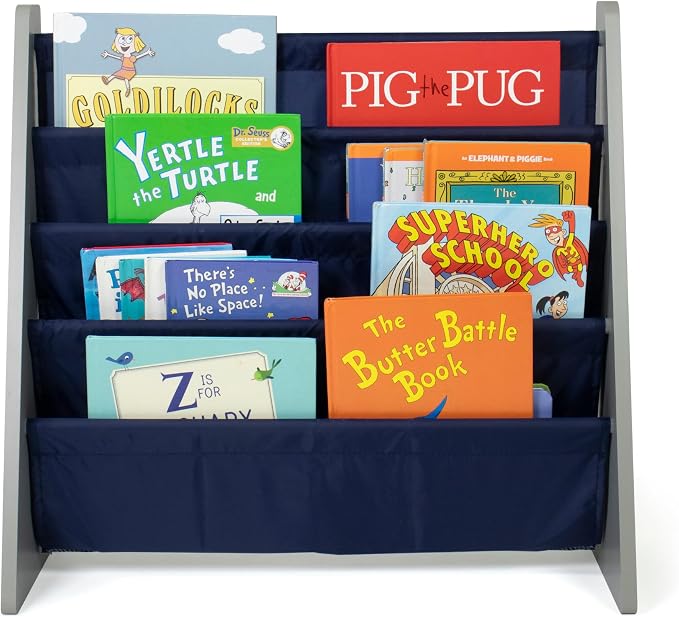 Humble Crew Kids Bookshelf, Montessori Front Facing Toddler Bookcase 4 Tier | Book display rack and reading nook organizer, nylon pockets show covers face out, compact for any playroom or bedroom space