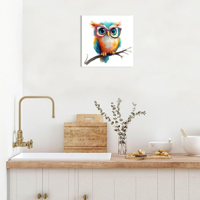Ypxzzj Cute Owl with Glasses Canvas Wall Art,Colorful Owl Decor Wall Art Pictures Painting Poster Artwork for Children's room Bedroom Living room Decor Framed Ready to Hang