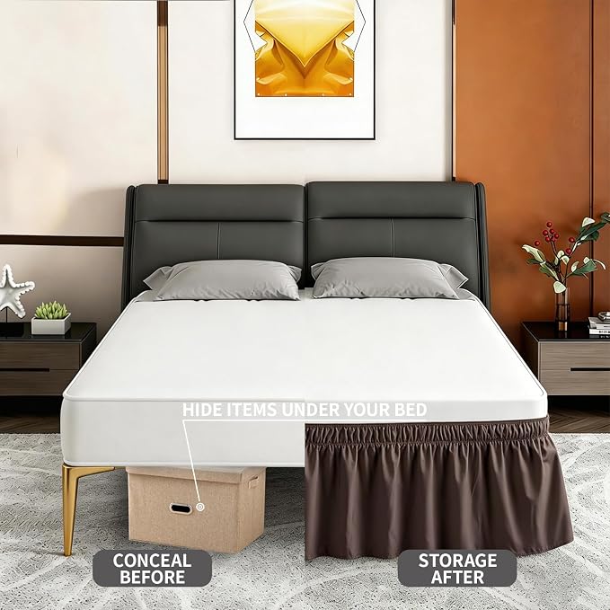 ANARACHON Full Bed Skirt, Elastic Wrap Around Bed Skirt Full Size, Bed Skirts for Adjustable Bed, Easy Fit with 14" Drop Length Tailored Drop Dust Ruffle (Brown)