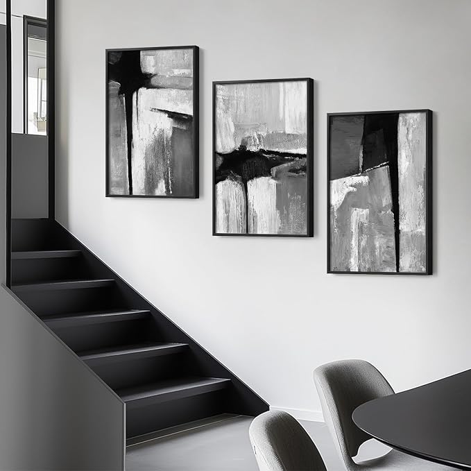 Large Framed Black and White Gray Abstract Wall Art Set, 3 Piece 24x36 Inch | Modern Minimalist Artwork, Gray Abstract Paintings, Neutral Pictures, Canvas Prints, Living Room Bedroom Office Wall Decor