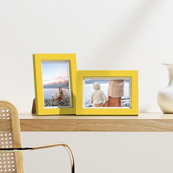 Vittanly 4x6 Picture Frames Set of 9 for Wall or Tabletop Display, Yellow | Display Pictures 3.5x5 with Mat or 4x6 without Mat, Small Photo Frames, Engineered Wood with Shatter Resistant Plexiglass
