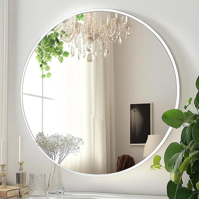 White Round Mirror 30 inch, Circle Mirror, Matte White Metal Frame | Large Circular Wall Mounted Mirrors for Bathroom, Bedroom, Entryway, Living Room, Hallway, Over Sink,Vanity,Wall Decor,Rustic