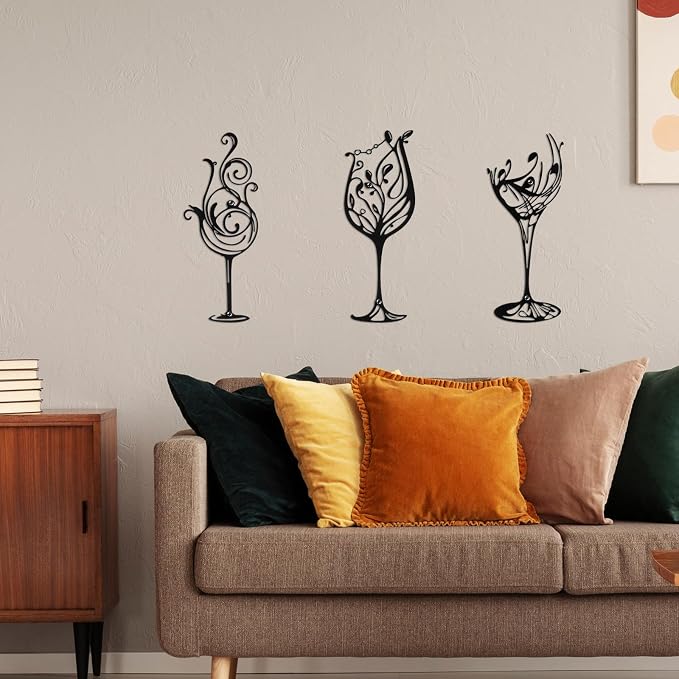 3 Pcs Wine Wall Art Black Metal Wine Sign 3 Style Modern Metal Bar Decor for Wall Drinker Gift for Dining Room and Entertaining Spaces(Classic)