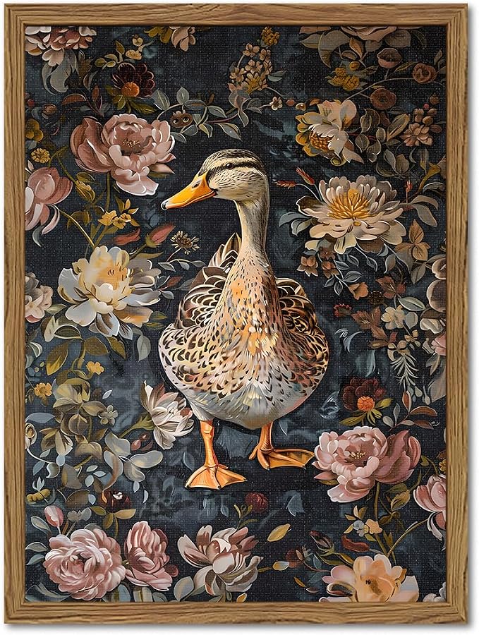 Vintage Mallard Duck Wall Art, Duck Wall Decor Painting Moody Floral Animal Poster Canvas Print Picture for Living Room Bedroom 12x16 inch Wood Framed