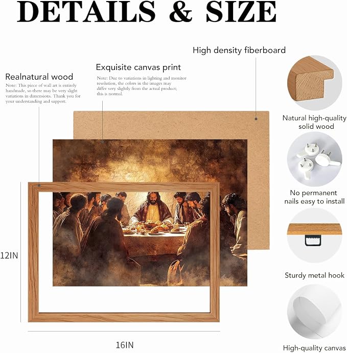 AUUAUU The Last Supper Wall Art, Wood Framed Jesus Religious Canvas Painting, Vintage Christian Wall Decor for Living Room Bedroom, 12x16 Inches Ready to Hang