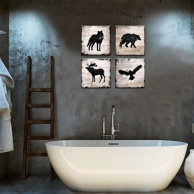 Cabin Wildlife Wall Art Rustic Animals Pictures Wall Decor Farmhouse Moose Deer Wolf Eagle Poster Hunting Themed Bear Paintings Woodland Forest Canvas Prints Artwork Living Room Decorations 16x16" 4P