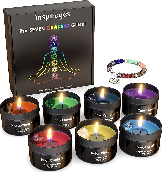 Inspireyes Chakra Candles with Healing Crystals for Meditation, Soy Wax