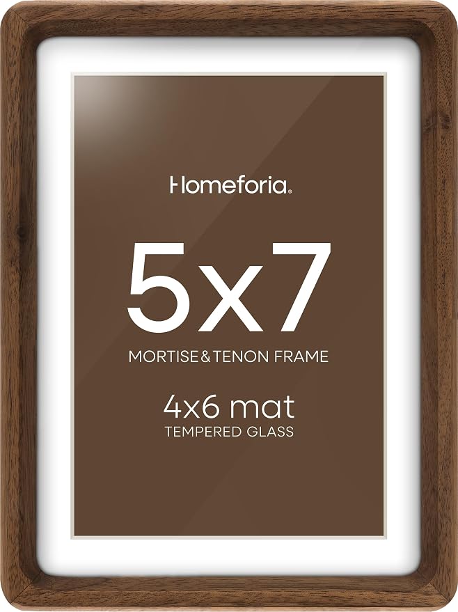 Homeforia 5x7 Mortise&Tenon Walnut Picture Frame, 4x6 Mat, Glass