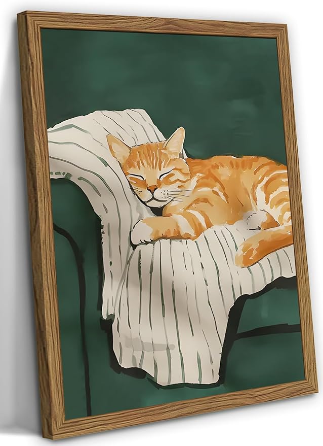 Funny Cat Wall Art Cute Cat Sleeping on Couch Wall Decor Painting Orange Pet Kitty Portrait Pictures Prints Contemporary Animal Canvas Artwork for Bedroom Living Room 12x16 inch Wood Framed