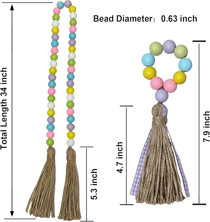 Easter Beads Garland with Tassel, 4 Pack Spring Wood Bead Garlands, Wooden Beaded Easter Boho Decor Farmhouse Rustic Home Wall Hanging Decorations for Tiered Tray Shelf Holiday Party, 34"