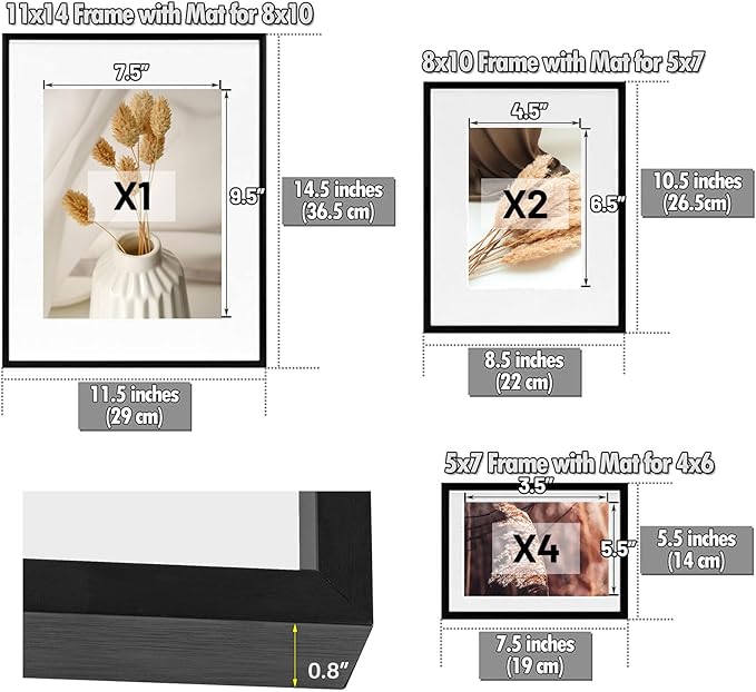 Golden State Art 7 Pack Black Aluminum Frame with White Mat, Real Glass | Includes One 11x14, Two 8x10, Four 5x7 Frames with Sawtooth Hangers for Wall Mounting. Great for gallery wall
