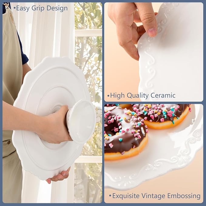 10 Inch White Ceramic Cake Stand (Holds 10 Inch Cake), Decorative Cupcake Stand, Dessert Display Plates for Snacks and Cookies, Baby Shower, Birthday, Wedding Party Decor