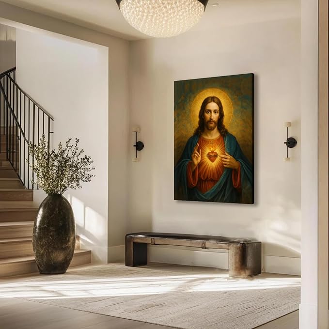 AUUAUU Sacred Heart of Jesus Wall Art Christian Canvas Painting 12x16 Inch | Religious Spiritual Picture Print Inspirational Artwork Christmas Wall Decor for Living Room Bedroom Ready to Hang