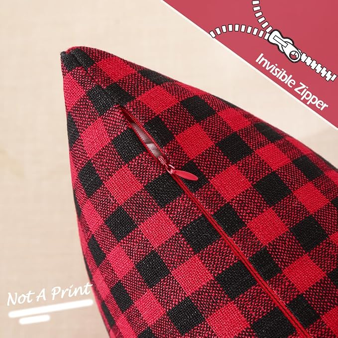 Red and Black Outdoor Christmas Gingham Plaid Pillow Covers 20x20 Set of 2 | Winter Christmas Plaid Decor Pillow Cover 20 x 20, Vintage Farmhouse Red Christmas Decor, Fundas Para Cojines De Sala Navidad