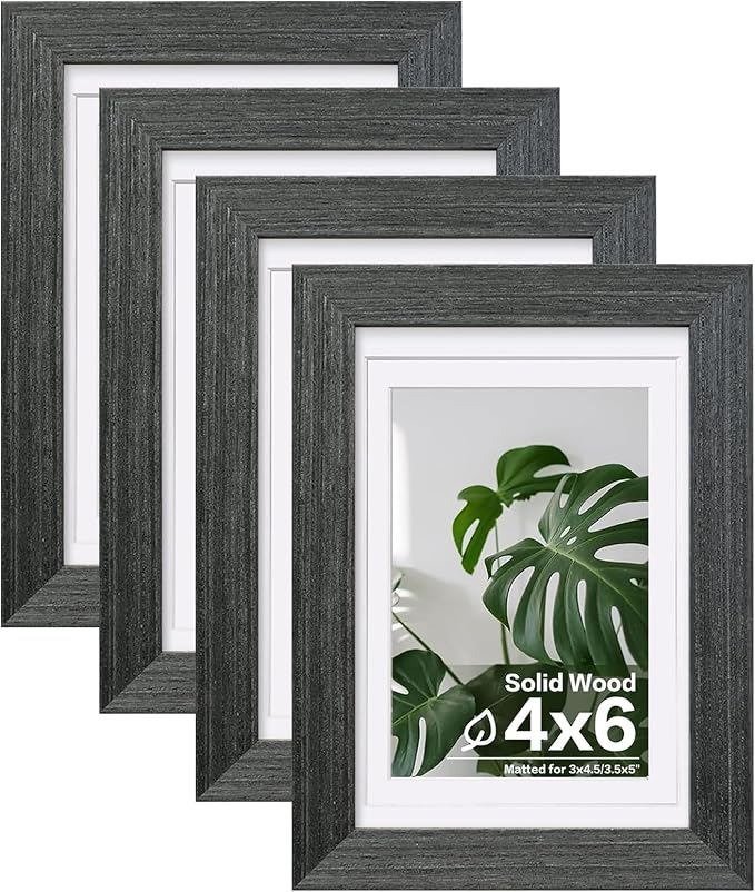 Egofine 4x6 Picture Frames Set of 4, Made of Solid Wood Covered by Plexiglass 3x4.5 and 3.5x5 with Mat or 4x6 without Mat, for Table Top Display and Wall Mounting Photo Frame, Rustic Black