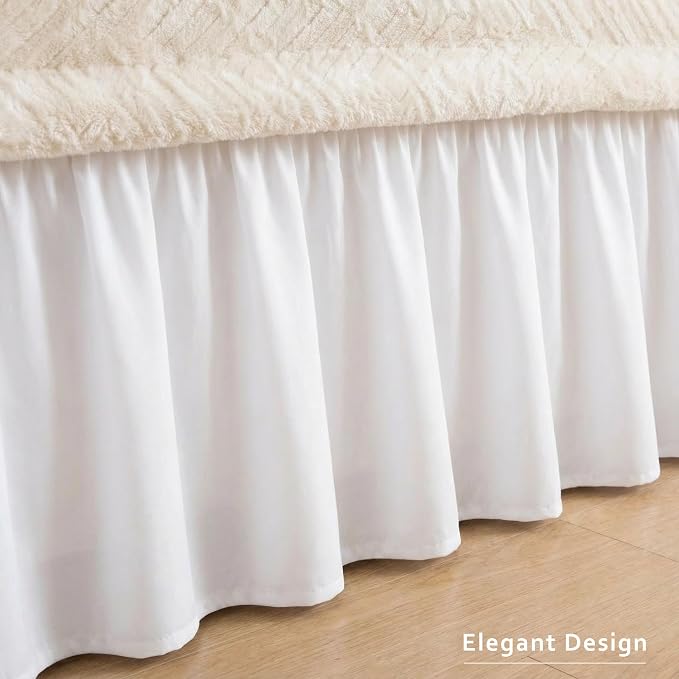 MIYE Wrap Around Ruffled Lace Bed Skirt, Elastic Dust Ruffle with Adjustable Belts, Easy to Put On, Bed Frame Cover, Machine Washable (Classic/White, King/Queen-15 Drop)