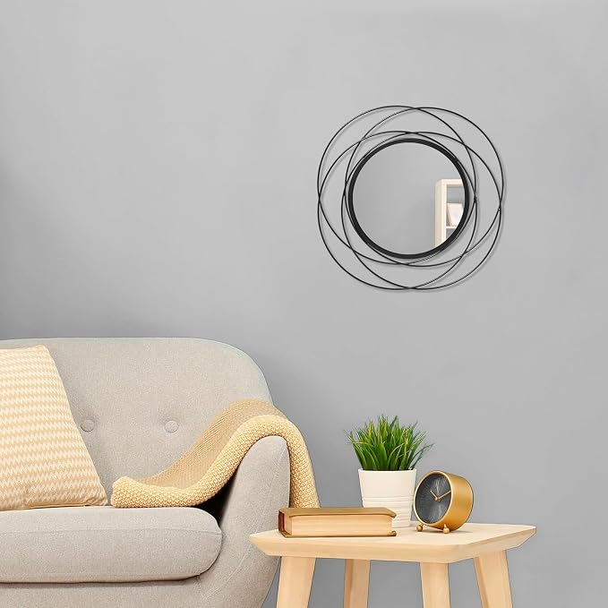 Wall Mirror Mounted Black Small Round Decorative Mirrors, Circle Metal Art Mirror Home for Bathroom Vanity, Living Room or Bedroom 12” x 12”