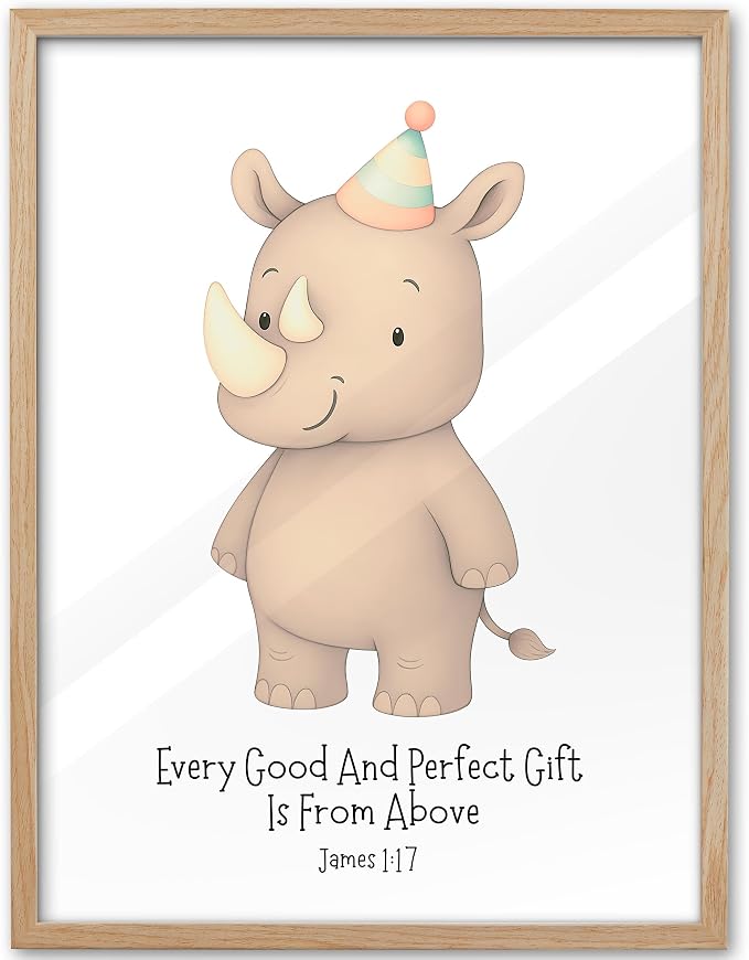 KensTro 12x16 Oak Framed James 1:17 Scripture Wall Art | Natural Oak Wood Framed Scripture Print with Rhino Illustration for Bedroom, Hallway, Office and Living Space