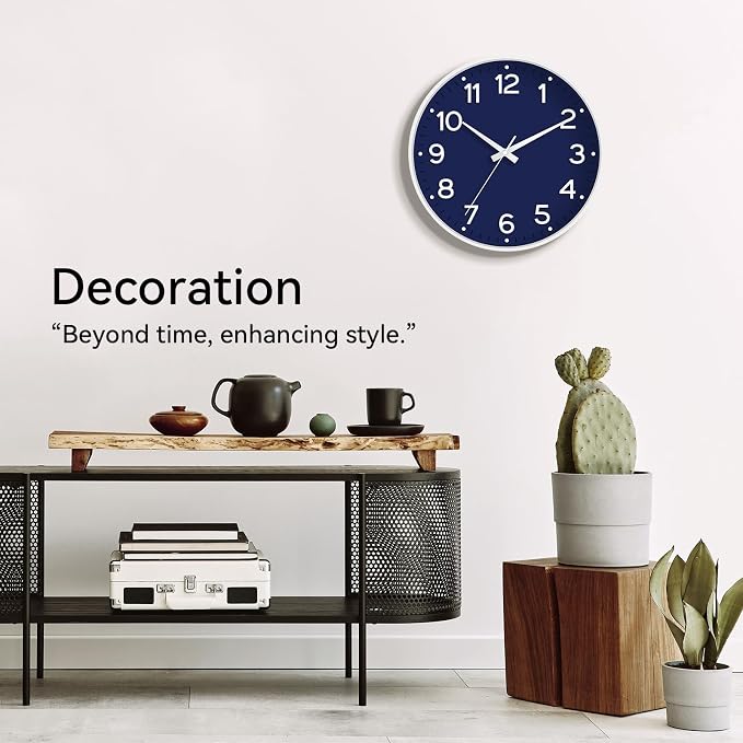 Roymnie 10 Inch Wall Clock Battery Operated Silent Non Ticking Analog | Navy Blue modern analog; large 3D easy-read dial for kitchen, office, bathroom & bedroom; 1 AA battery (not included)