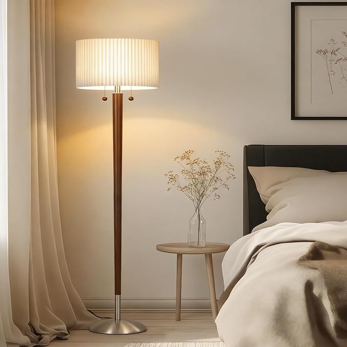 2-Lights Wood Floor Lamp with Dual Switch, Mid-Century Modern Corner Lamp with Pleated Shade, Standing Lamp for Living Room, Bedroom, Office, Reading Room, Walnut Brown