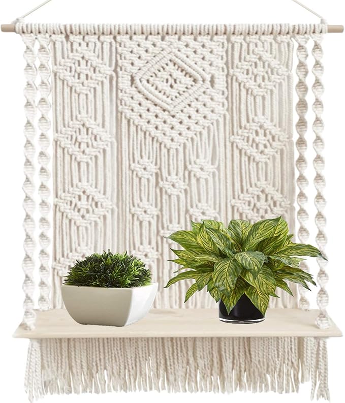 Macrame Wall Hanging Plant Decor Shelf Indoor Outdoor Floating Wood shelve Decorative Hand Made Rope Boho Shelving for Plants