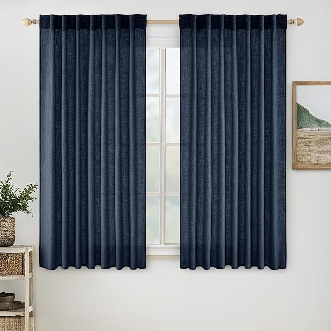 MIULEE Navy Blue Short Linen Curtains 52x45 Inch Long 2 Panels for Bedroom | Bathroom, Soft Thick Linen Textured Natural Kitchen Window Drapes, Semi Sheer Light Filtering, Back Tab, Burlap Look Decor