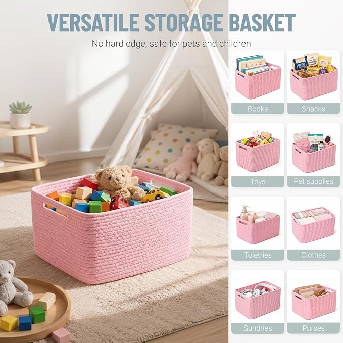 5 Pack Woven Storage Baskets, Decorative Storage Bins for Organizing | 13.8'' × 9.8'' × 7.9'', Cute Cotton Rope Basket Organizer for Closet, Shelves, bathroom, Nursery, Toys, Books, Pantry, Pink