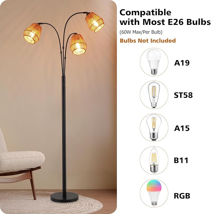 9MMML Vintage Black Arc Floor Lamp with Rotatable Arms & Rattan Lampshade, 3-Light Mode Rotary Switch Adjustable, 72.5'' Tall Standing Lamp for Living Room, Bedroom, E26 Base