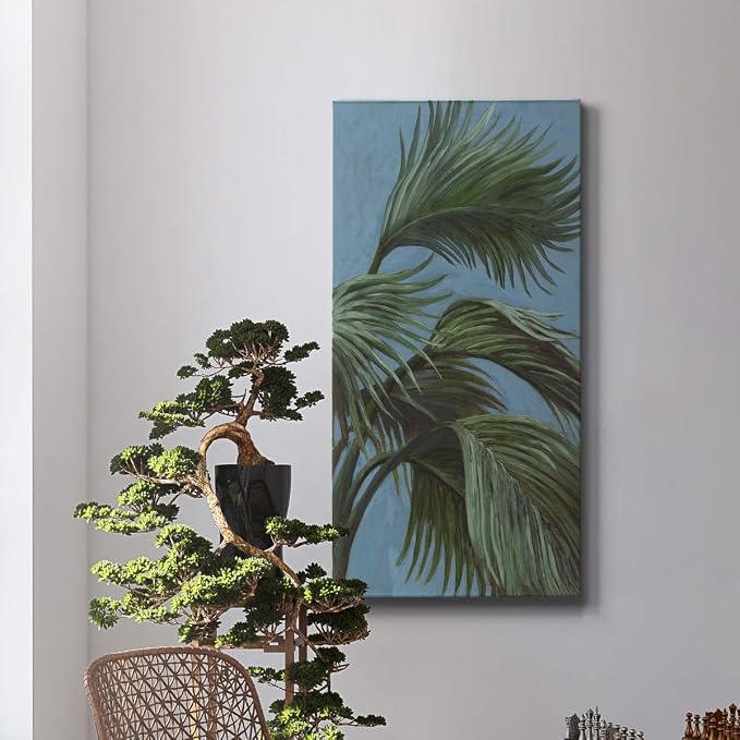 Renditions Gallery Canvas Nature Wall Art Modern Paintings & Prints Decor Green Waving Palms Romantic Glam Botanical Artwork Wall Hanging for Bedroom Office Kitchen - 12"x24" LT43