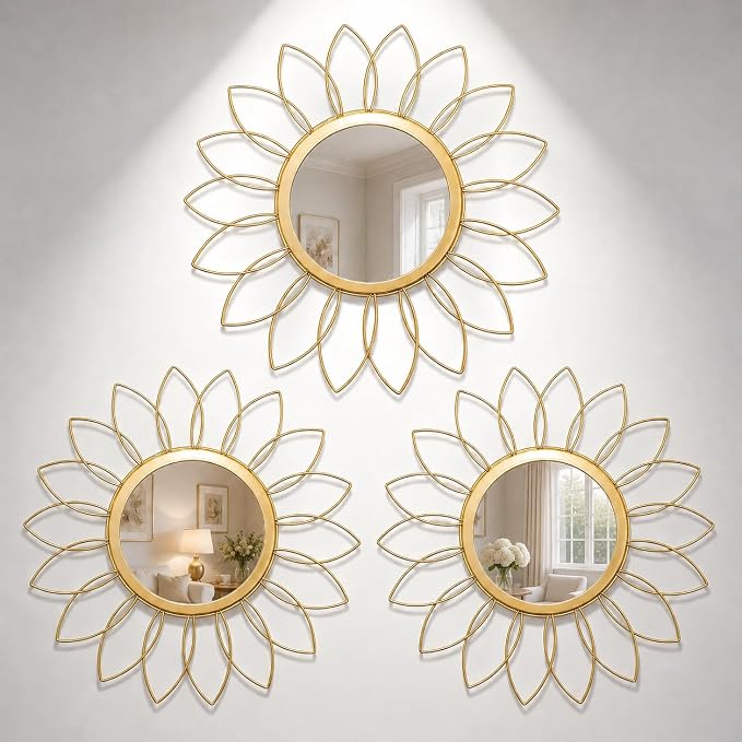 Gold Flower Mirror Set of 3, 3PCS Metal Round Decorative Wall Mirrors, Floral Petal Accent Mirror Wall Decor for Living Room, Bedroom, Entryway & Bathroom