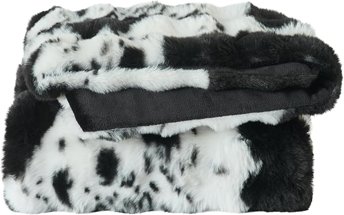 Lotus Karen Faux Fur Throw Blanket Cow Print-Black, Fluffy Fuzzy Plush Bubble Blanket for Couch, 80x60 Inches Cozy Shaggy Rabbit Blanket, Luxury Decorative Gifts for Sofa Bedroom Living Room.