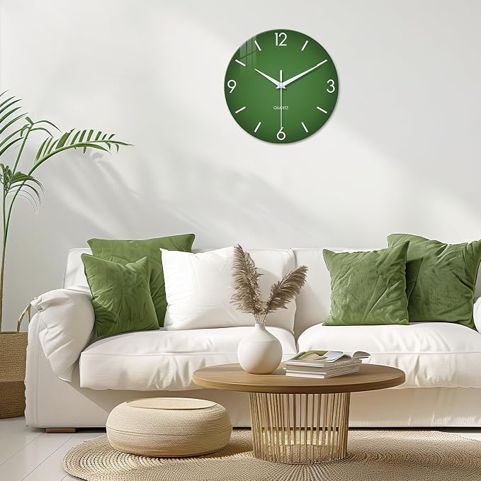 XFM Green Wall Clock Battery Operated 12 Inch Silent Simple | Non-Ticking Battery Operated Modern Minimalist Decorative for Kitchen Bedroom Home Office