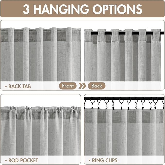 MIULEE Gray Back Tab Linen Curtains 4 Panels 42W x 96L | Linen material, light filtering, rod pocket back tab hanging, farmhouse decor for living room bedroom
