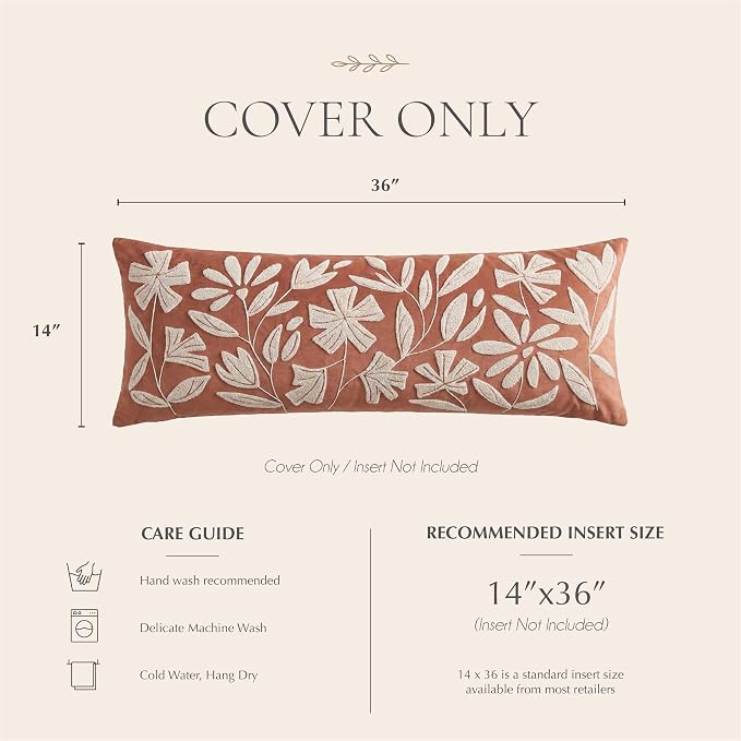 BlissBlush Long Lumbar Pillow Cover 14x36 for Bed, Rust Terracotta Floral Tufted Velvet Accent Oversize Throw Pillowcase for Bedroom, Cover Only