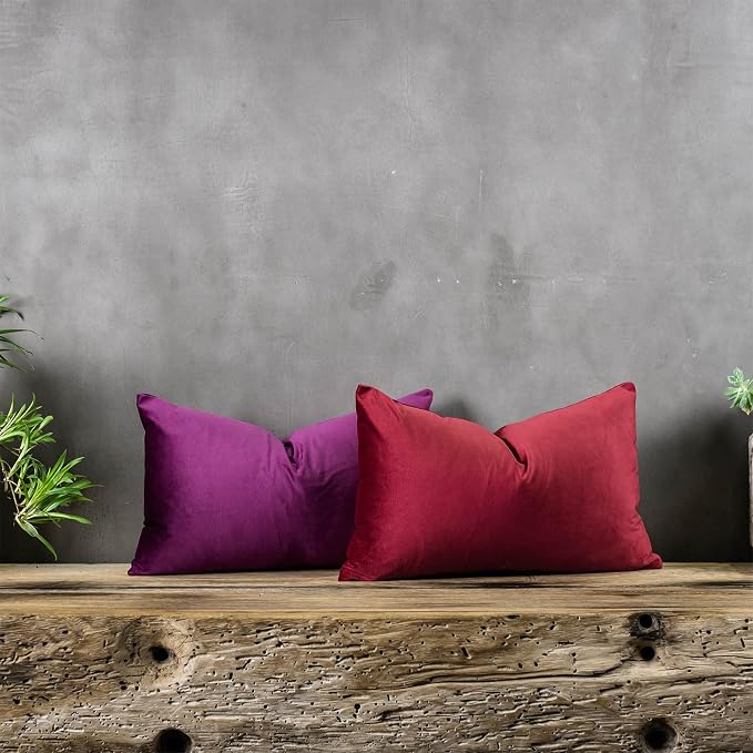 Red Wine Christmas Decorative Lumbar Velvet Throw Pillow Covers 12x20 inch Set of 2 with Zipper Luxury Soft Solid Rectangle Cushion Covers Case for Sofa Couch Bed Living Room