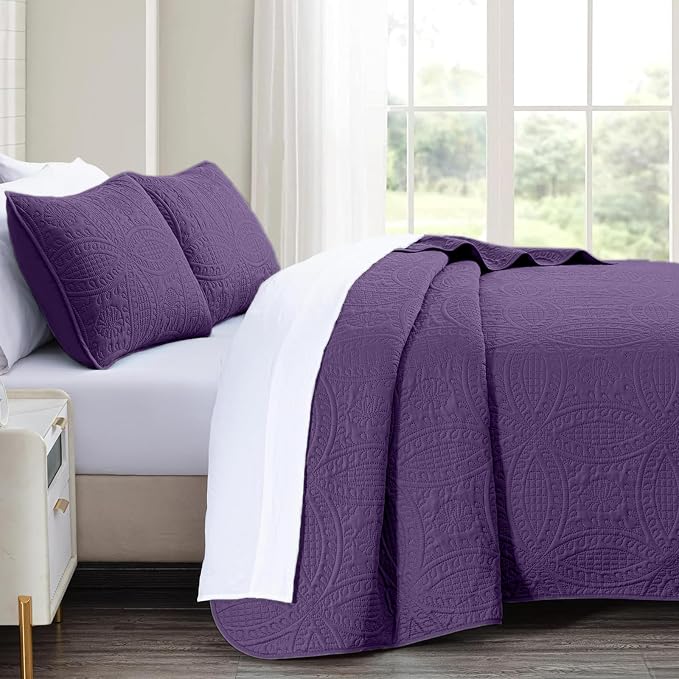 akkialla Purple Full/Queen Quilt Set, Ultrasonic Lightweight Bedspread Coverlet for Modern Minimalist Bedroom, Soft Microfiber Coin Pattern Bedding, 3-Piece (1 Quilt, 2 Pillow Shams) | Breathable fabric