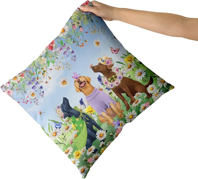 Giwawa 2PCs Spring Dogs Throw Pillow Covers, 20"x20" Colorful Wildflowers Funny Puppy Decorative Square Pillow Cases, Watercolor Floral Animal Cotton Cushion Covers Sofa Porch Bedding Decor