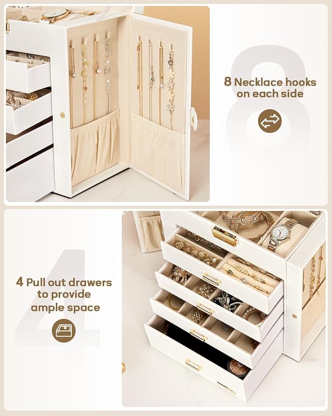 Homde Large Jewelry Box for Women: 5-Layer Organizer with Lock for Dresser | Separated Storage for Necklace Earring Ring Watch to Sort Daily Jewelry - Keep Vanities Tidy - Birthday Gift