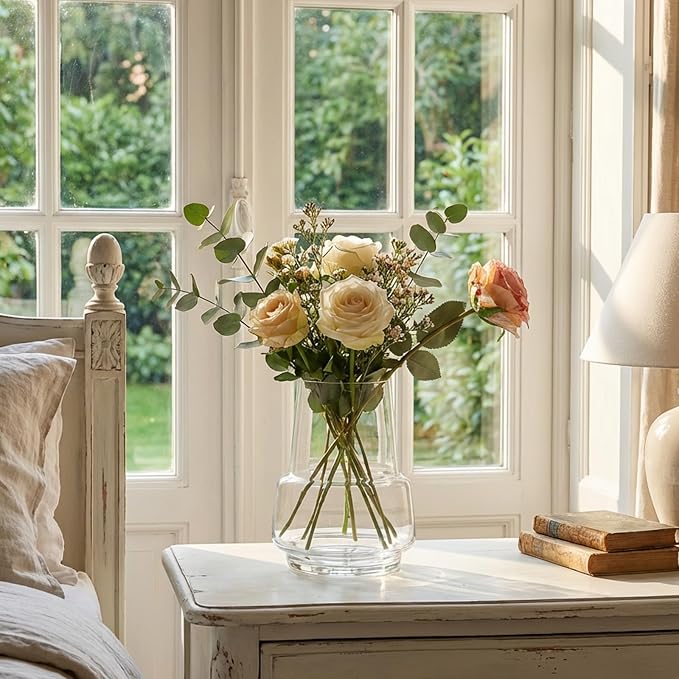 Relexome Clear Glass Flower Vase for Centerpieces Bouquet Flowers Modern Wide Mouth Glass Vase Decorative Bud Vases for Home Decor, Living Room, Kitchen, Dining Table, Entryway 7.3 Inch