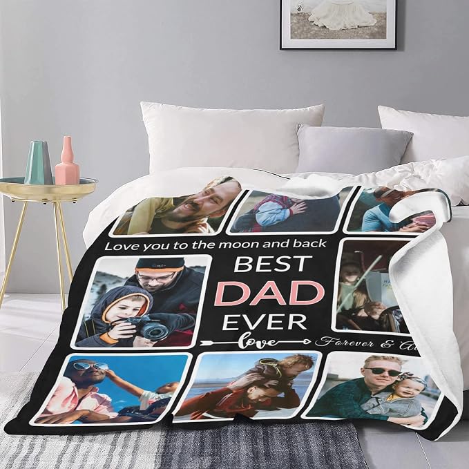 Gifts for Dad Custom Blanket with Photo, Make a Personalized Father's Day Blankets with Picture Customized Fathers Day Throw Blanket for Best Dad Ever, 8 Collage Made in USA