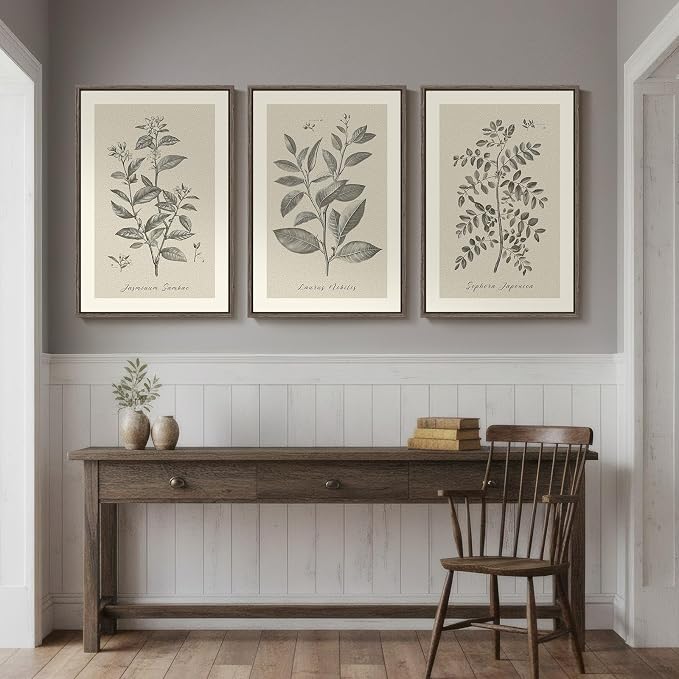 Large Framed 3 Piece Vintage Botanical Wall Art for Living Room, 24x36 In | Rustic neutral plant pictures, Wood frame, Canvas prints, Farmhouse wall decor, Bedroom kitchen hallway dining room artwork