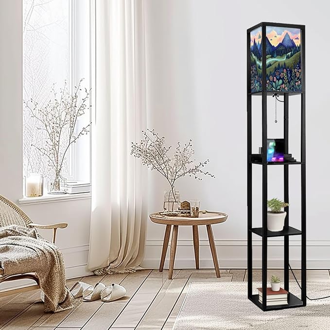 Floor Lamp with Shelves Luxuriant Forest Floral Patterns Artful Woodcut Print Standing Tall Lamp USB Ports & Power Outlet Modern Corner Lamp Nightstand Light for Living Room Bedroom