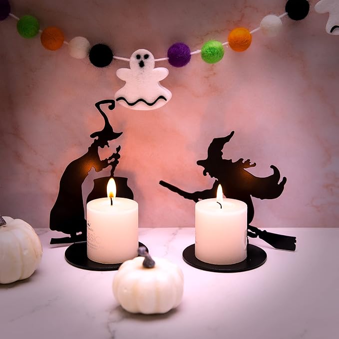 2 Set Halloween Candle Holder Spooky Witch with Cauldron Broom Black Candlestick Pedestal All Hallows Eve Table Centerpiece Table Decor