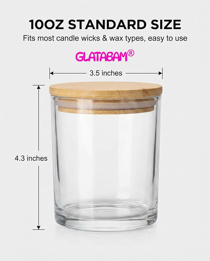 GLATABAM 10 OZ Candle Jars 12 Pack - Bulk Glass Candle Making Jars with Bamboo Lids & Labels, Heat Resistant Empty Reusable Candle Vessel for Containers(Clear)